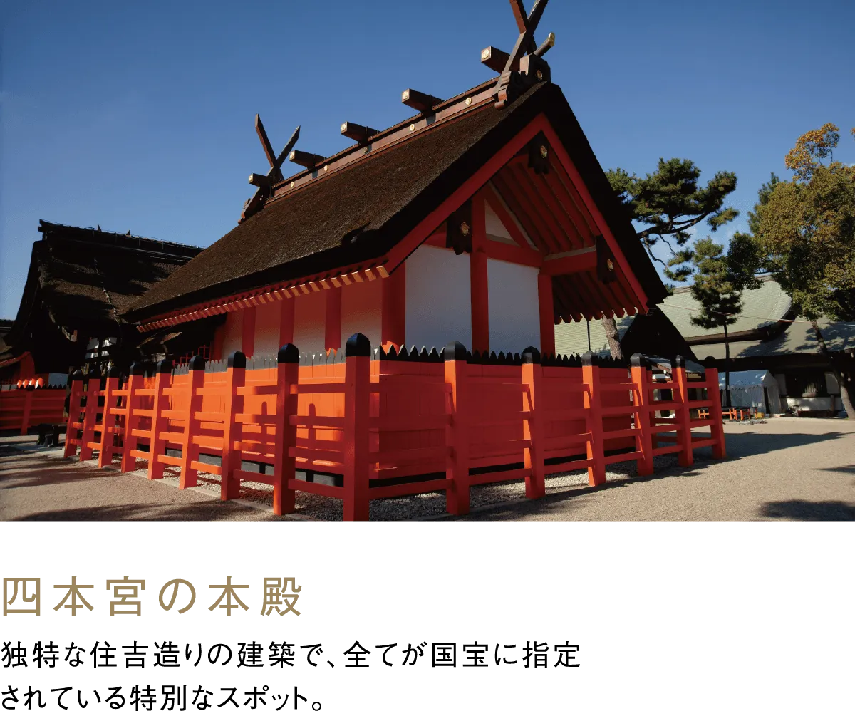 四本宮の本殿 独特な住吉造りの建築で、全てが国宝に指定されている特別なスポット。