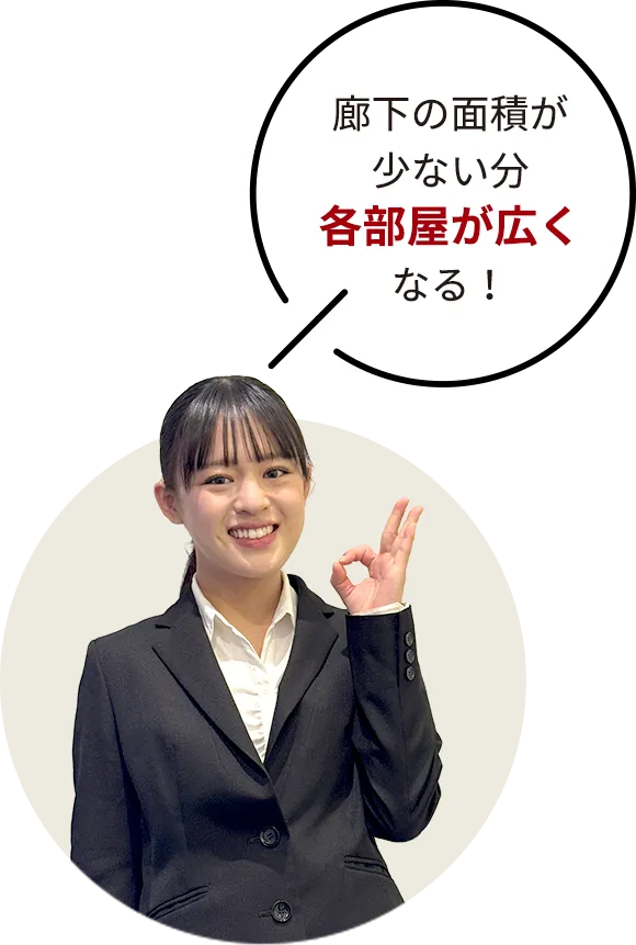 廊下の面積が少ない分各部屋が広くなる！