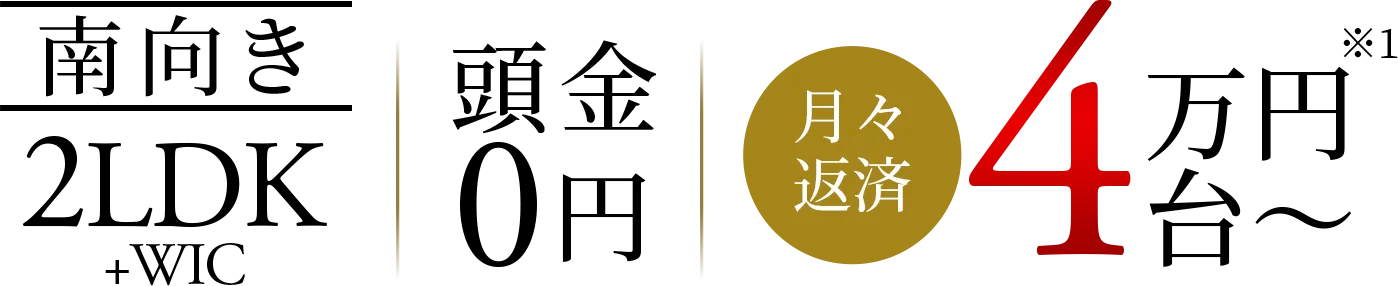 南向き2LDK+WIC 頭金0円 月々返済4万円台～