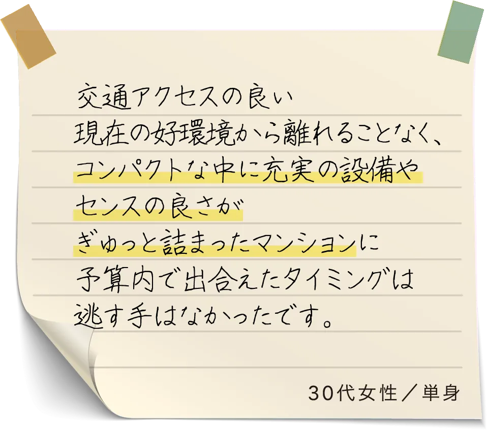 交通アクセスの良い現在の好環境から離れることなく、コンパクトな中に充実の設備やセンスの良さがぎゅっと詰まったマンションに予算内で出合えたタイミングは逃す手はなかったです。30代女性／単身