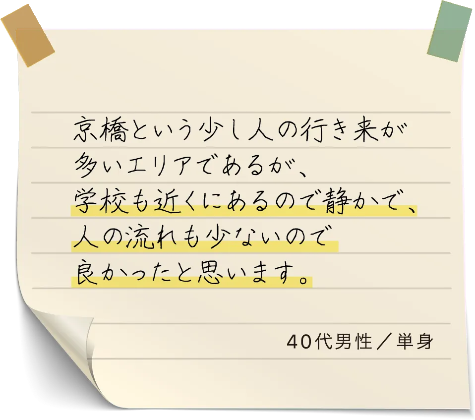 京橋という少し人の行き来が多いエリアであるが、学校も近くにあるので静かで、人の流れも少ないので良かったと思います。40代男性／単身