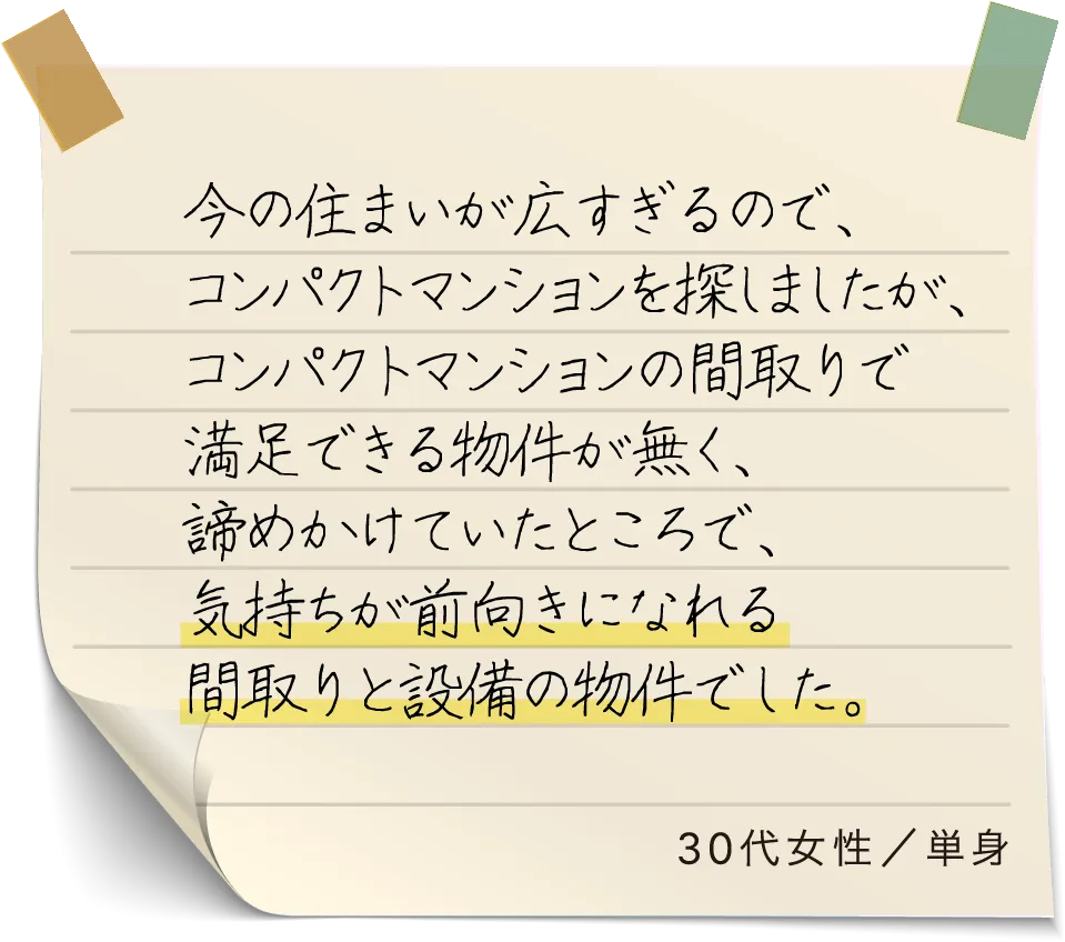 今の住まいが広すぎるので、コンパクトマンションを探しましたが、コンパクトマンションの間取りで満足できる物件が無く、諦めかけていたところで、気持ちが前向きになれる間取りと設備の物件でした。30代女性／単身